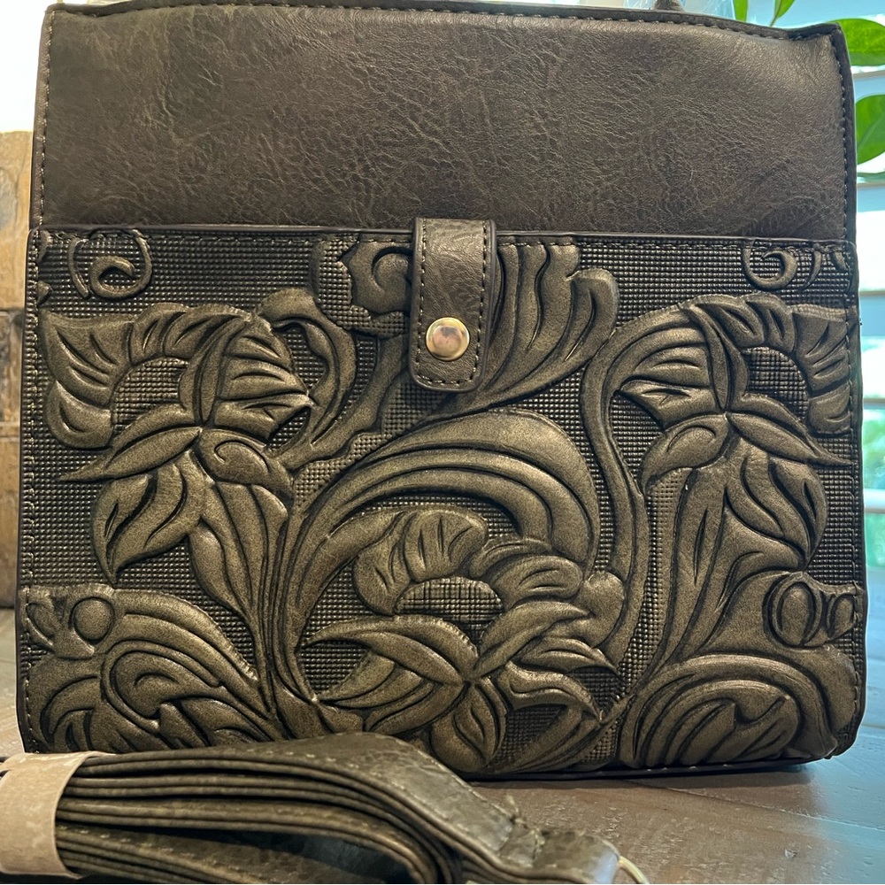 Dark Olive Green Embossed Hand-Tooled Floral Pattern Handbag
w/ Shoulder Strap
